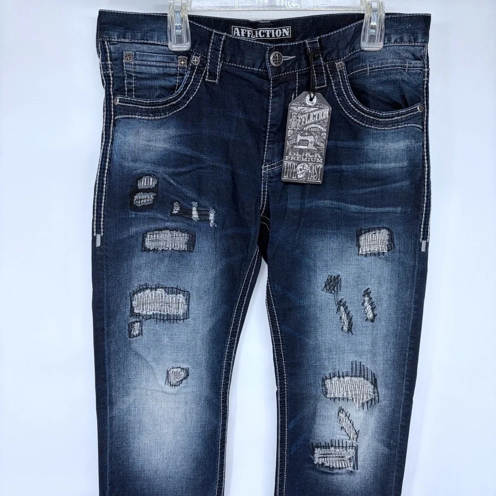 New Mens‎ Affliction Blake Blue Jeans Size 34 Distressed Style Grunge Straight